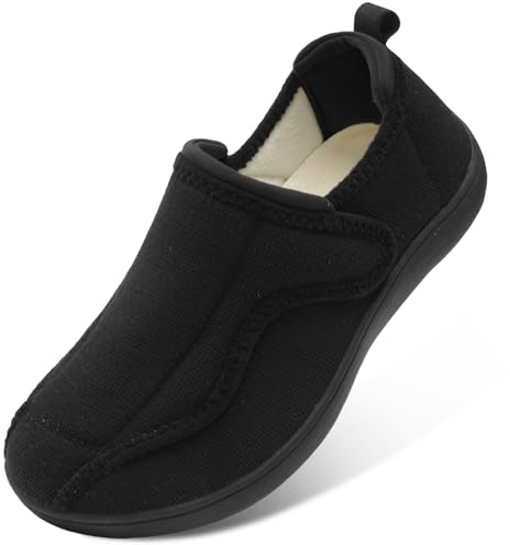 JOINFREE Women Men House Slippers Indoor Slip On Wide Fit Diabetic Shoes Adjustable, Non-Slip Cozy Comfort Home Slippers Shoes for Swollen Feet, Edema, Elderly, Preganant Black Size 11