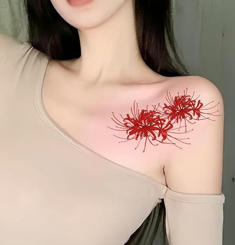 Temporary Tattoos For Adult 1 Pc Of Red Spider Lily Clavicle Red Spider Lily Sexy Female Long-Lasting Waterproof Small Picture Large Picture Stickers Fake Tattoos