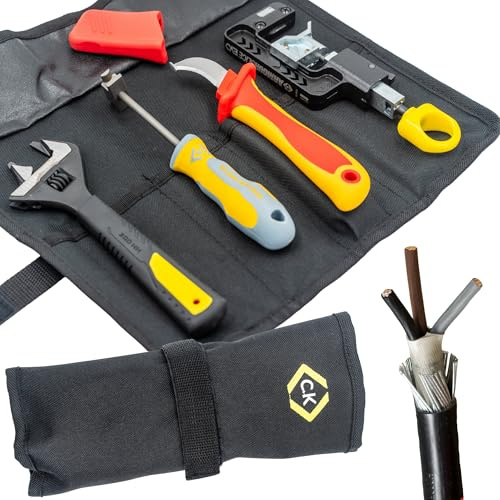 C.K Tools Complete SWA Termination Kit for Professional Electricians - Includes Armourslice Evo Armoured Cable Stripper, VDE Sheath Knife, Slim Jaw Wrench, Gland Wrench in Handy Tool Roll, CK T5992