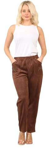 Womens Full Length Cherry Berry Corduroy Trouser, Ladies Plain Casual Straight Leg Ribbed Cord Pants with Side Pockets (Brown, 18)