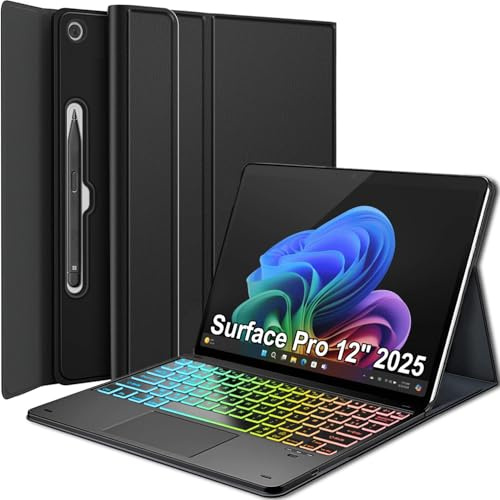 Nanhent Rétroéclairé Clavier Coque pour Microsoft Surface Pro 12 Pouces 2025, Smart Touchpad, AZERTY Français Amovible Bluetooth sans Fil Clavier avec Housse Étui Cuir PU