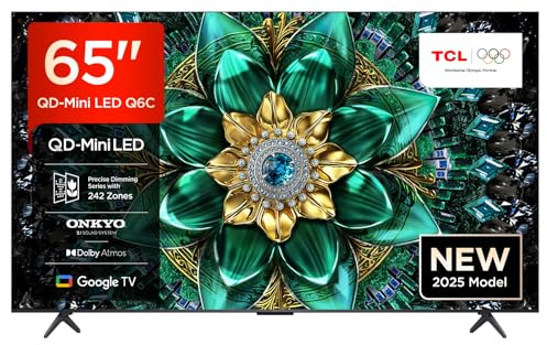 TCL 65Q6C 65 QD-Mini LED SMART TV, 4K HDR Premium 1000nits, con tecnologia Google TV (Dolby Vision IQ e Atmos, sistema audio Onkyo 2.1, Motion Clarity Pro a 144 Hz, Game Master)