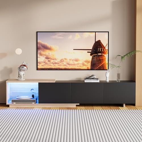 Expanderbart TV-skåp, 240 cm längd med LED-belysning, 3 lådor, tele trä, TV-möbler för 65 tums TV, moderna TV-möbler för vardagsrum, sovrum, svart, 240 x 38 x 44 cm
