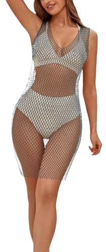 Vestido de malla de diamantes de imitación para mujer, vestido largo negro, bata de malla transparente, traje de baño, carnaval, Negro , talla única