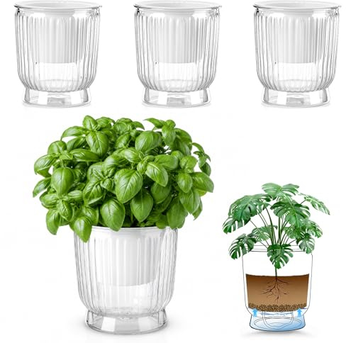 Yimomoyi Lot de 4 Pots Auto Arrosant 11 cm, Pot de Fleur Intérieur,Durable Plastic Indoor Plant Pots, Pot Fleur Interieur avec Mèche & Réservoir Transparent,Idéal pour Plante Carnivore