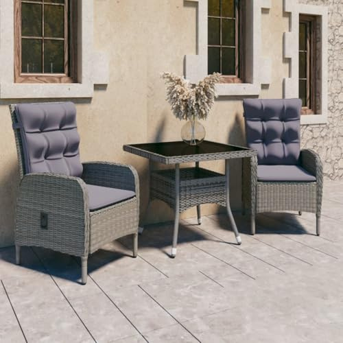 WITREE Rattan Gartenmöbel Set 2 Verstellbar Stühle mit Tisch Garten Essgruppe 2 Personen Sitzgruppe Outdoor Terassenmöbel Außen Poly Rattan und Glas-Grau-3-tlg