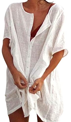 2026 Camisa Mujer Lino Algodón Manga Corta Holgada S-5XL, Blusa Color Sólido Camisola Larga Pareo Playa, Cover Up Bikini Vestido de Playa Casual Transpirable Verano Mujer Vacaciones