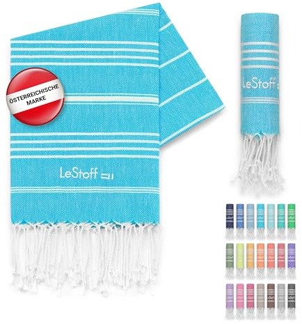 LeStoff Hamamtuch Gästehandtuch, 100% Bio-Baumwolle, 50x100 cm, Aquablau | Handtuch für Bad, Gesicht, Sport, Reise, Camping – vorgewaschen, nachhaltig, leicht, kompakt, saugstark und schnelltrocknend
