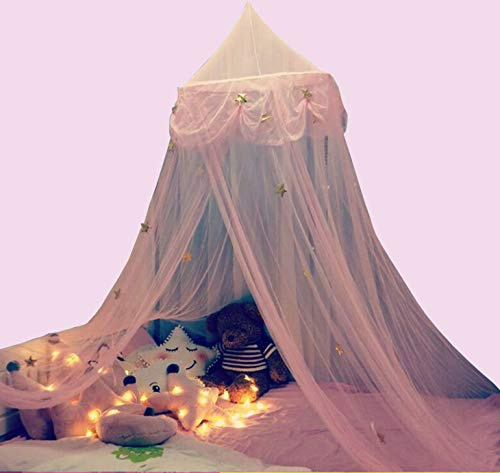 Kinder Moskitonetz Rosa Prinzessin Stil Betthimmel Runde Kuppel mit Sternen Geeignet für Mädchen, Kind Erwachsene Einzel Doppelbett, Rosa