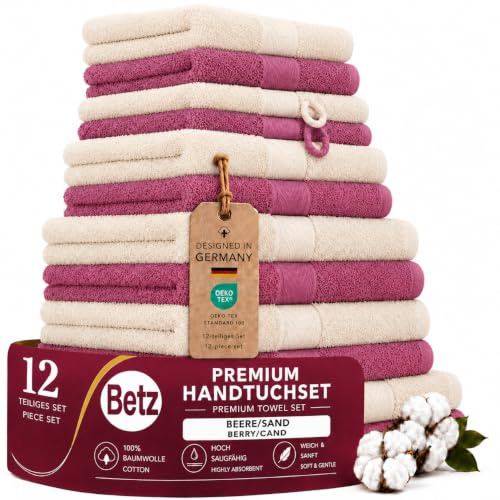 Betz Premium Handtuch-Set 12-teilig – 100% Baumwolle – Oeko-TEX® Zertifiziert – hohe Grammatur – Duschtücher, Handtücher, Gästetücher & Waschhandschuhe Farbe Sand/Beere