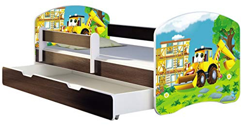 ACMA Kinderbett 160x80 Jugendbett mit Einer Schublade und Matratze, Farbe Wenge, Rausfallschutz Lattenrost II Spielbett Kinderzimmer Möbel, 20 Bagger