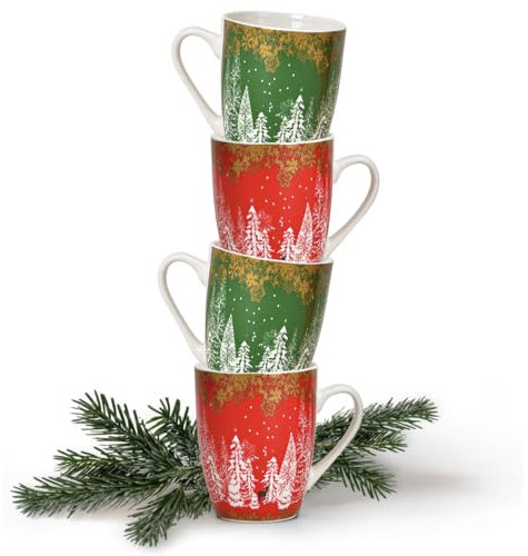 Matches21 Lot de 4 tasses à café de Noël en porcelaine avec cerf rouge et vert 10 cm 340 ml