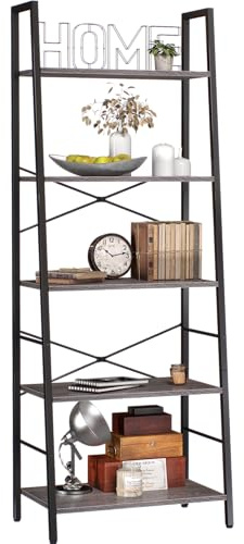 Yusong Bookshelf, Ladder Shelf 5-Tier Bookcase for Bedroom, Industrial Book Shelves Storage Rack with Metal Frame for Home Office, Gray Oak