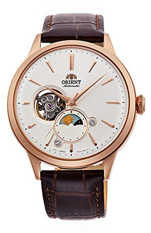 Orient Automatik Herren Armbanduhr aus Edelstahl und Leder in der Farbe Roségold-weiß, Gehäuse 42 mm, wasserdichte: 3 ATM, RA-AS0102S10B