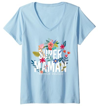 Femme Super Maman beau dessin floral pour la fête des Mères. T-Shirt avec Col en V