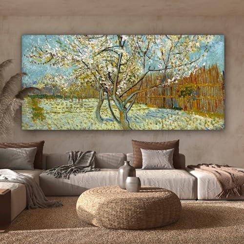 MuchoWow Leinwand Bilder, Einzigartige Wanddeko mit Rahmen, Blühender Pfirsichbaum - Vincent van Gogh, Wandbilder Wohnzimmer, Deko Schlafzimmer 160x80 cm