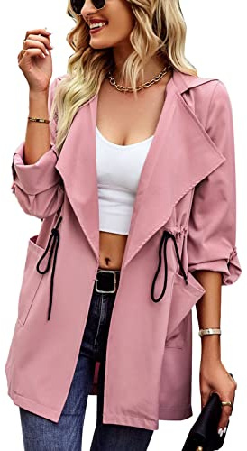Trench da Donna Autunno Inverno Cappotto Classico con Bavero Coulisse Bottone Rovesciato Tinta Unita Casuale Allentato(XL-Rosa)