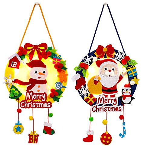 Bastelset Weihnachten Kinder Filz, Kranz Filz Weihnachten, Filz Zum Basteln Weihnachten, Led Weihnachtskranz Beleuchtet Bastelmaterial Weihnachtsdekoration Weihnachtsdeko Für Fenster Tür 2PC Set (A)