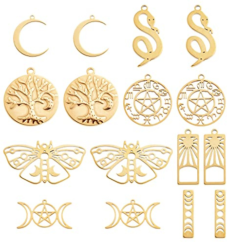 SUNNYCLUE 1 Scatola 16 Pezzi 18K Placcato Oro Stainess Acciaio Stile Tarocchi Albero Della Vita Ciondoli Fasi Lunari Ciondolo Serpente Tripla Dea Luna ouijas Crescent Ciondoli Farfalla Cava