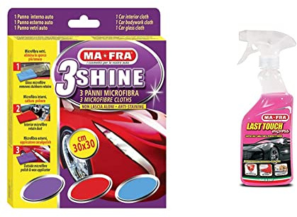 Ma-Fra, 3Shine, Tris Panni in Microfibra per Pulizia Vetri, Esterni ed Interni Auto, Multicolore & Last Touch Express, Cera Liquida per Carrozzeria Auto