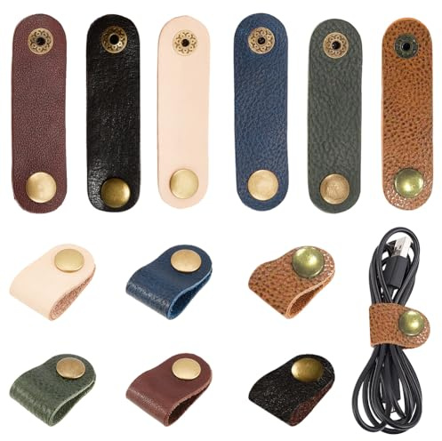 AHANDMAKER 12 Stück Kabelbinder Aus Leder, 6-Farbiger Kabelhalter Mit Druckknopf, Kabelbinder Für Tragbare Kopfhörer, Cord Winder Keeper, Kabel-Organizer Für Die Reise, Zuhause, Schule Und Arbeit
