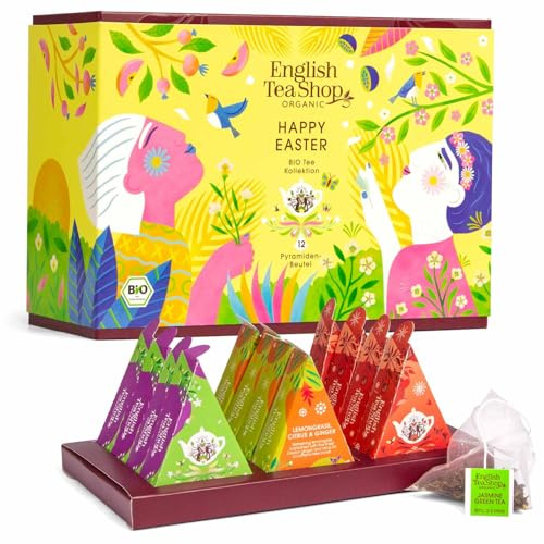 ETS Tee Geschenk Happy Easter | Tee Geschenk Ostern für Frauen Männer Oma Freundin | 3x4 Sorten | BIO | 12 Pyramidenbeutel