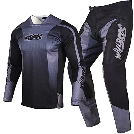 Willbros MX Gear Set Motocross Jersey Pants Combo Mens Dirt Bike Women Offroad Riding Adult Black Grey (Jersey M Pants 32)