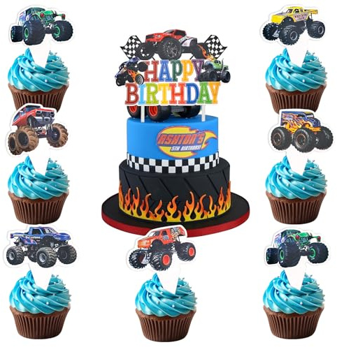 ENLACE 25 Stück Auto Tortendeko,Happy Birthday Cake Topper,Monster Truck Geburtstag Kuchen Deko Junge,Truck Auto Muffin Deko,LKW Cupcake Topper für Kinder Geburtstag Zubehör