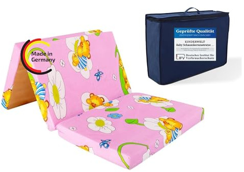 KiNDERWELT Materasso da viaggio per bambini, 120 x 60 cm, rosa, pieghevole, in schiuma fredda di alta qualità, prodotto in Germania
