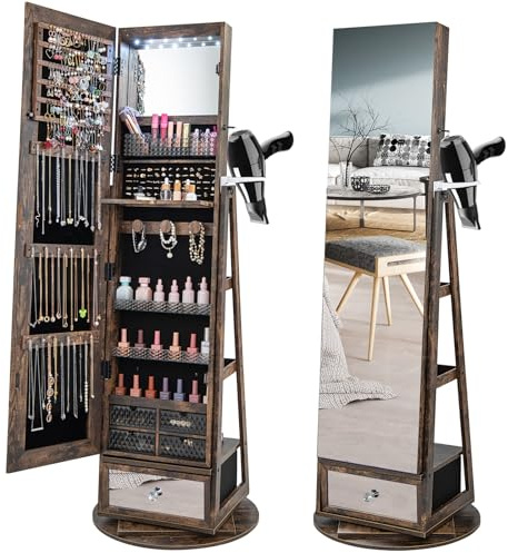 RELAX4LIFE Armoire à Bijoux Pivotante à 360ºavec Miroir Pleine Longueur, Miroir Bijoux sur Pied LED avec Support Sèche-Cheveux, Grand Tiroir, 3 Étagères pour Rangement Bijoux (Marron Rustique)