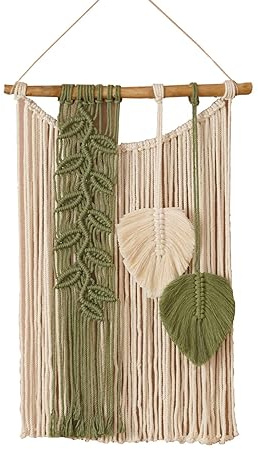 MISNODE Boho Macramé Borla Decoración de Pared, Tejido para Colgar en la Pared, Tapiz de Pared Arte Elegante, Exquisito Tema de Hoja Artesanal Chic Boho Decoración del Hogar para Oficina,(Verde)