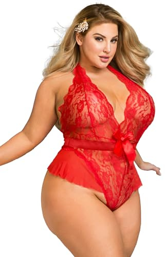 ohmydear Dambodysuit spets stora storlekar sexiga underkläder genomskinliga underkläder V-ringad rygglös halter nalle babydoll babydoll babydoll sexig outfit dam hot jumpsuit, Färg: röd, 3XL/4XL