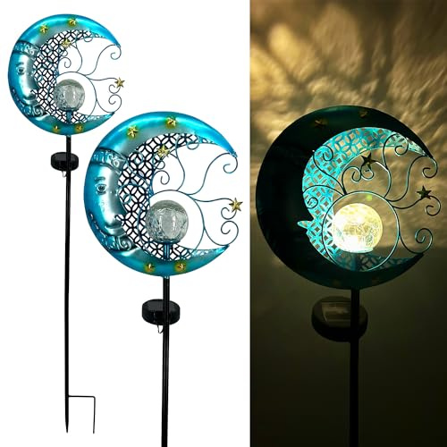 Solar Garden Lights Outdoor Waterproof Pathway Lights Moon Lantern with Crackle Glass Glass Globe Led Warm Light for Walkway,Backyard,Patio,Lawn,Pathway Decoration（Blue）