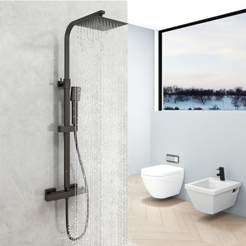 AICA Colonna Doccia con Miscelatore Termostatico, Colonna Doccia con Soffione e Doccetta Quadrati, Soffione Doccia Quadrato 20x20cm in Acciaio Inox