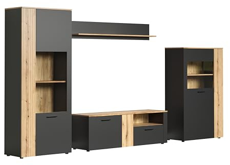trendteam smart living - Esteban - Wohnwand (2 Vitrinen + TV-Lowboard + Wandregal) - Anthrazit/Evoke Eiche - (BxHxT) 340 x 195 x 42 cm - Wohnzimmermöbel für Fernseher bis 65 | B 340 x H 195 x T 42 cm · für TVs bis 65 Zoll · optional mit LED-Beleuchtung