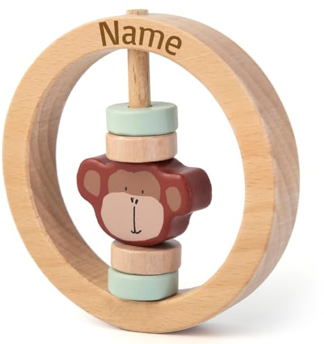 Trixie Rassel Baby aus Holz PERSONALISIERT mit Name graviert Greifring für Baby Geschenk zur Geburt Affe