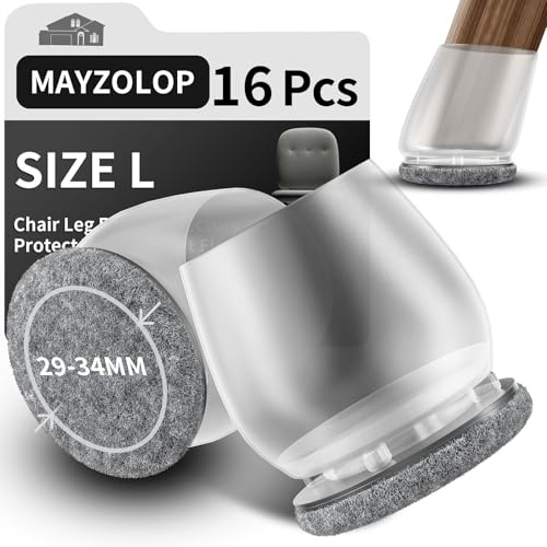 MAYZOLOP 16 tappi per gambe sedia, trasparenti, diam. 29-34 mm, feltro grigio, protezione, rotondi, nessun rumore, nessun graffio