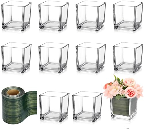 Kritkin 12 Pcs Square Glass Vases 4 x 4 Inch and 2 Rolls 3 Inch x 30 Yards Leaf Floral Ribbon Clear Glass Cube Vase Square Flower Vases for Centerpieces Candle Holders for Home Table Wedding Events