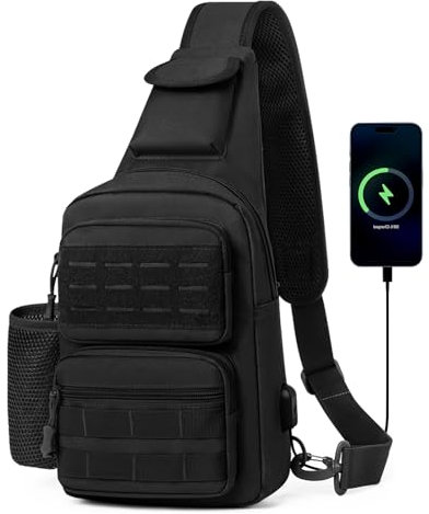 HUNTVP Taktische Brusttasche Herren Sling bag Militär Schultertasche Umhängetasche Tactical Chest Bag MOLLE Crossbody Bag für Alltag Reisen Wandern Camping (Schwarz)