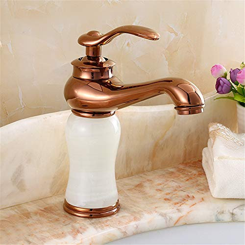 ABNNHK Cold and Hot Water Mixer Faucet Archaized Single-Hole Table Top Basin Retro Jade Bathroom Sink Faucet Single-Handled Single-Connected Belt Aerator,Rose Jin Baiyu (Rose Jin Baiyu)