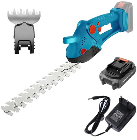 Heckenschere und Grasschere kabellos, 21 V, 2 in 1 Rasenschere mit 2 Klingen, 130 ° drehbarer Griff, Akku 4000 mAh, Ladegerät für Hof/Garten/Rasen (4000 mAh)