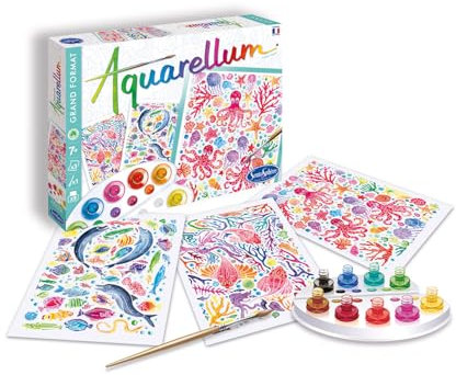 Sentosphère 3906401 Aquarellum, Aquarell-Mal-Set für Kinder, Motiv Unterwasserwelt, große Malvorlagen, DIY Kreativset, Bastelset, Malset ab 7 Jahren