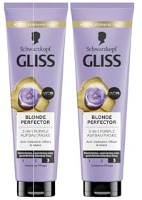 Gliss Blonde Perfector 2-in-1 Purple Aufbau Haarmaske (2x 150 ml), Haarkur für natürliches, coloriertes & gesträhntes blondes Haar sorgt für Glanz & Pflege, mit Anti-Gelbstich-Effekt