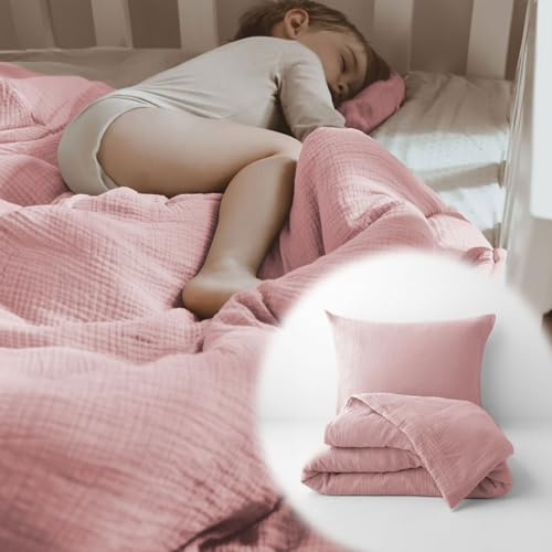 PaLulli® Bettwäsche Musselin Set 80x80 cm | Kissenbezug 35x40 cm | Kinderbettwäsche aus 100% Bio Baumwolle Oeko-TEX zertifizierte Babybettwäsche 80x80 cm + 35x40 cm (Rosa)