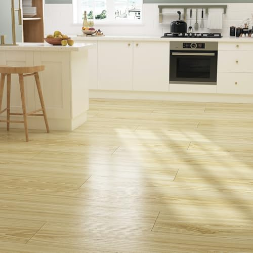 FunStick 90x15CM 35 Pcs Sticky Floor Tiles Bathroom Kitchen Yellow Wood Vinyl Flooring Lino Self Adhesive Floor Tile Kitchen Wood Effect Peel and Stick Vinyl Tile Removable Laminate Flooring Planks