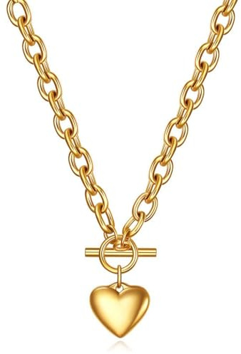 VCCKNB JEWELRY Kettenhalskette für Damen, 18 Karat Weißgold plattiert, klobige kubanische Kettengliederkette mit Herz und Mond, hypoallergener Schmuck für Damen (A-Goldherz-Halskette)