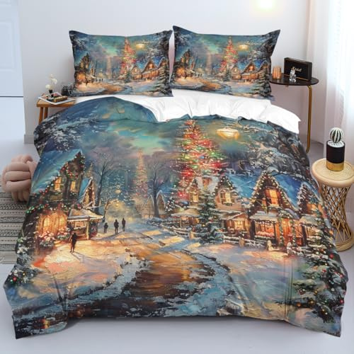 Tospass Weihnachts Bettwäsche 135 x 200 cm Ölgemälde Dorf Weihnachtsbaum Warmes Weiche Bettwäsche Set Weihnachten Microfaser Bettbezug mit Reißverschluss und 1 Kissenbezug 80x80cm