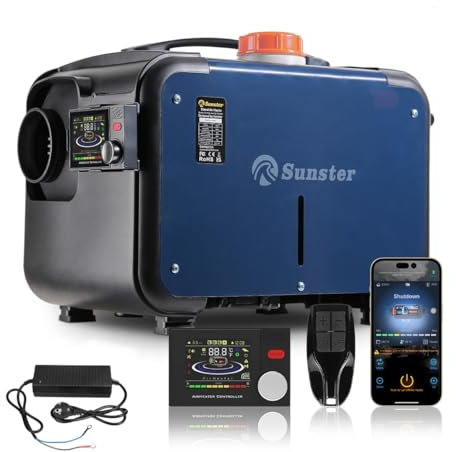 Sunster 8kW Luft Dieselheizung,12V 24 V/110-240V, 0.15–0.48L/Std Diesel Standheizung mit APP & Adapter, Automatischer Start&Stop, Lüftungsmodus, 2025 Upgrade Standheizung für Auto,LKW