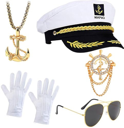 CXNXFD Kapitän Kostümzubehör-Set, Goldene Accessoires mit Kapitänsmütze, Anker-Anhänger, Steuerrad, Pfeife und Handschuhe，Erwachsene Frauen Männer Karneval Thema Party Cosplay Kapitän Hut