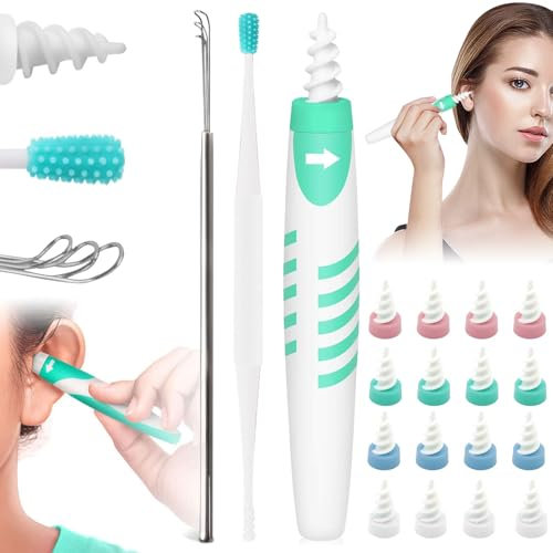 Ear Wax Remover, Silicone Spiral Ear Cleaner Safe Ear Wax Removal Tool with 16 Replacement Heads, Reusable & Washable Ear Cleaning Kit for Adults Kids- Ideal Tool for Gentle Earwax Removal